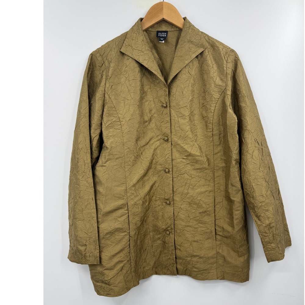Eileen Fisher Womens Button Front Silk‎ Blouse Long Sleeve Green Size Medium